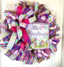 Purple Easter Wreath: Spring Tulips, "Easter Greetings" Sign