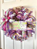 Purple Easter Wreath: Spring Tulips, "Easter Greetings" Sign