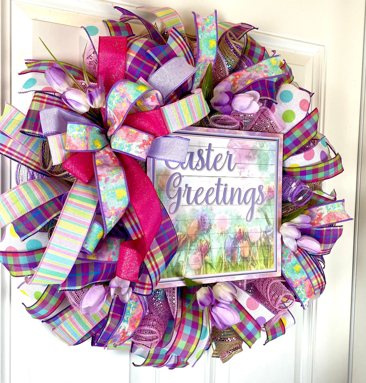 Purple Easter Wreath: Spring Tulips, "Easter Greetings" Sign