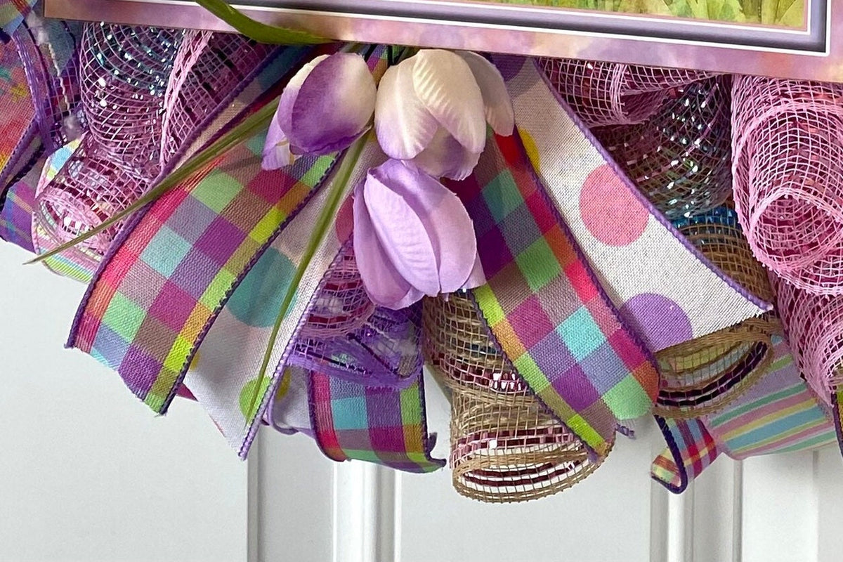 Purple Easter Wreath: Spring Tulips, "Easter Greetings" Sign