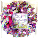 Purple Easter Wreath: Spring Tulips, "Easter Greetings" Sign