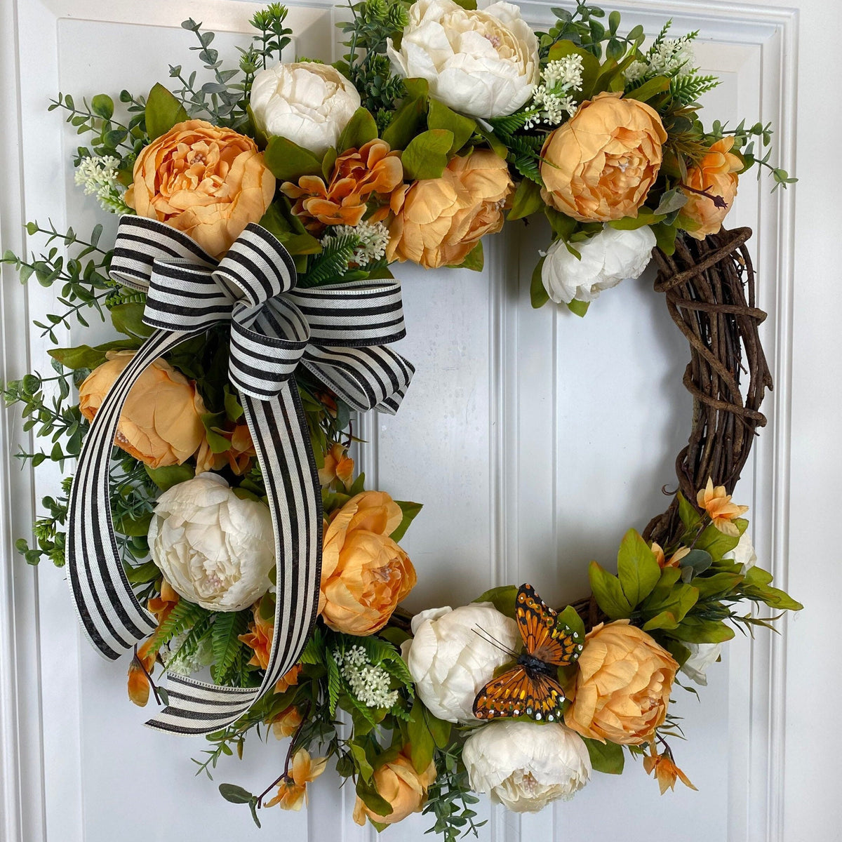 Peony Butterfly Wreath: Farmhouse Grapevine Front Door Decor