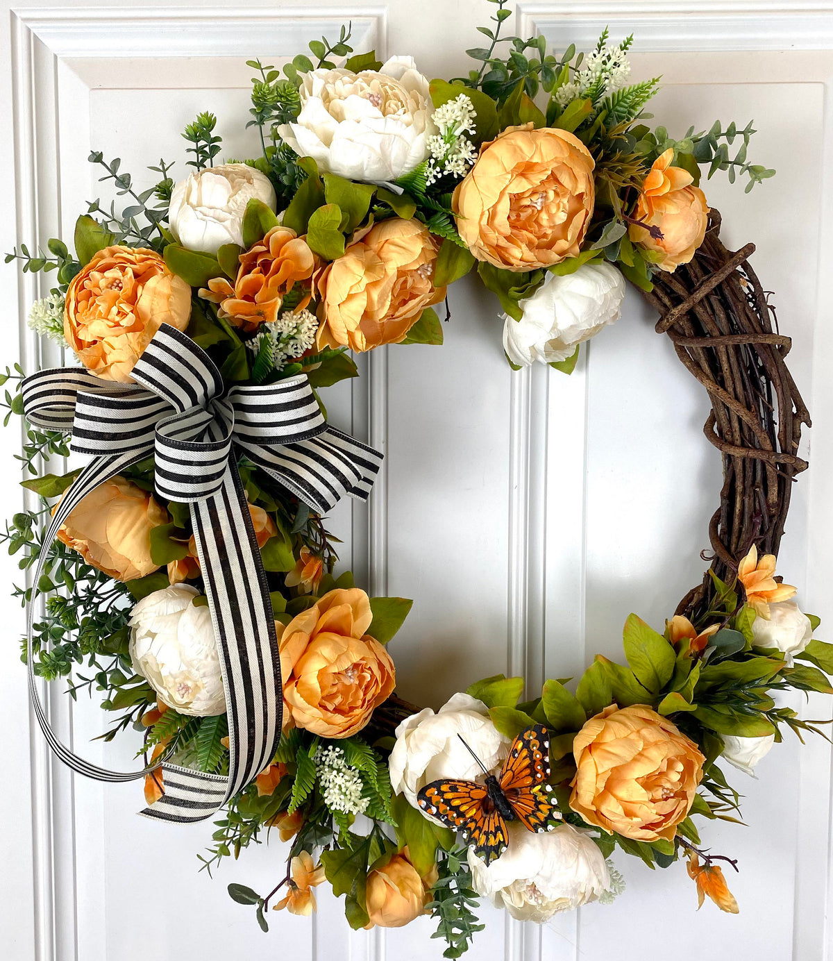 Peony Butterfly Wreath: Farmhouse Grapevine Front Door Decor