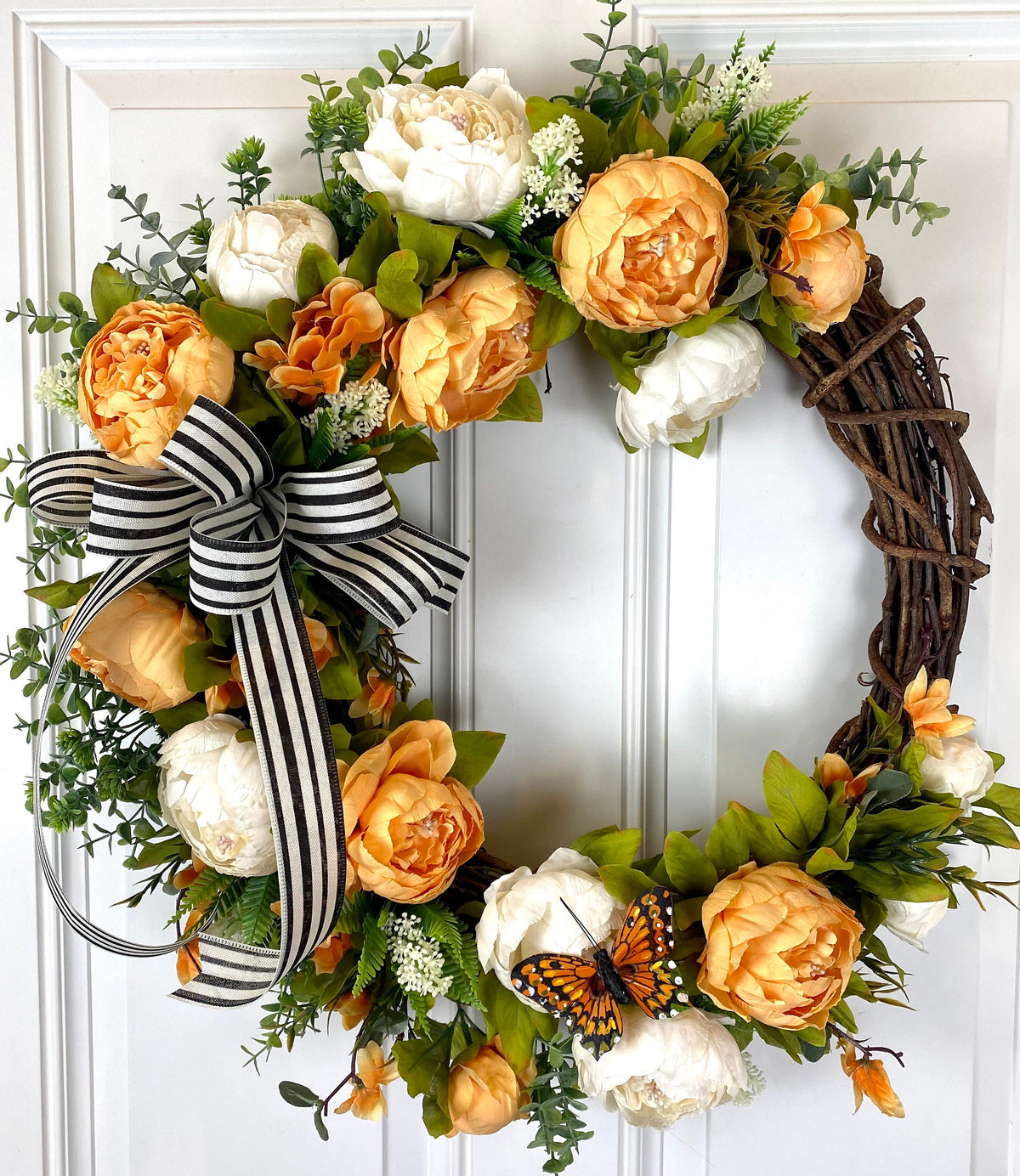 Peony Butterfly Wreath: Farmhouse Grapevine Front Door Decor