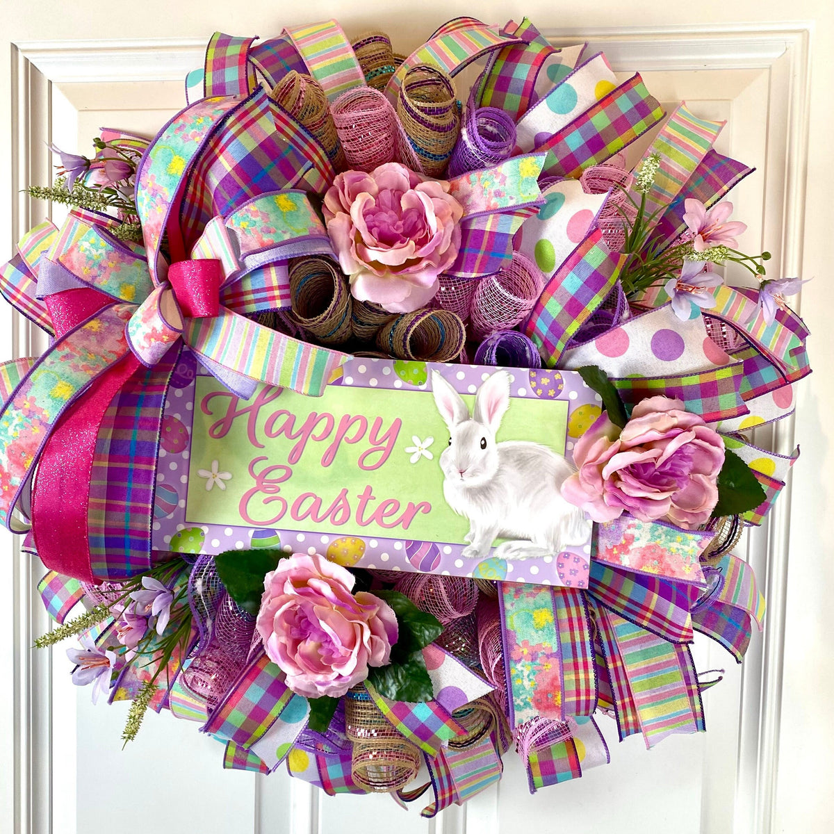 Purple Easter Wreath: Spring Tulips, "Easter Greetings" Sign