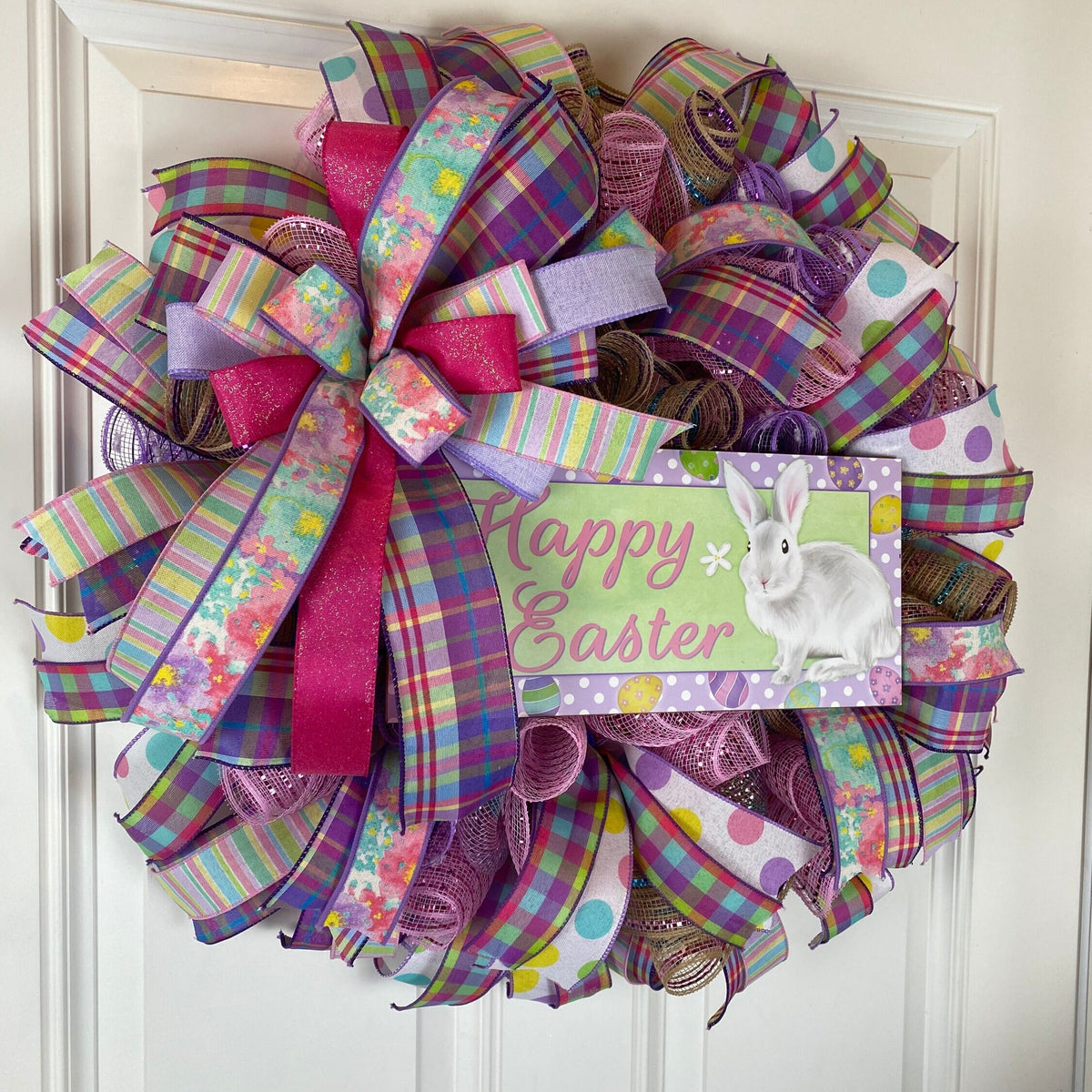 Purple Easter Wreath: Spring Tulips, "Easter Greetings" Sign