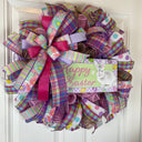 Purple Easter Wreath: Spring Tulips, "Easter Greetings" Sign