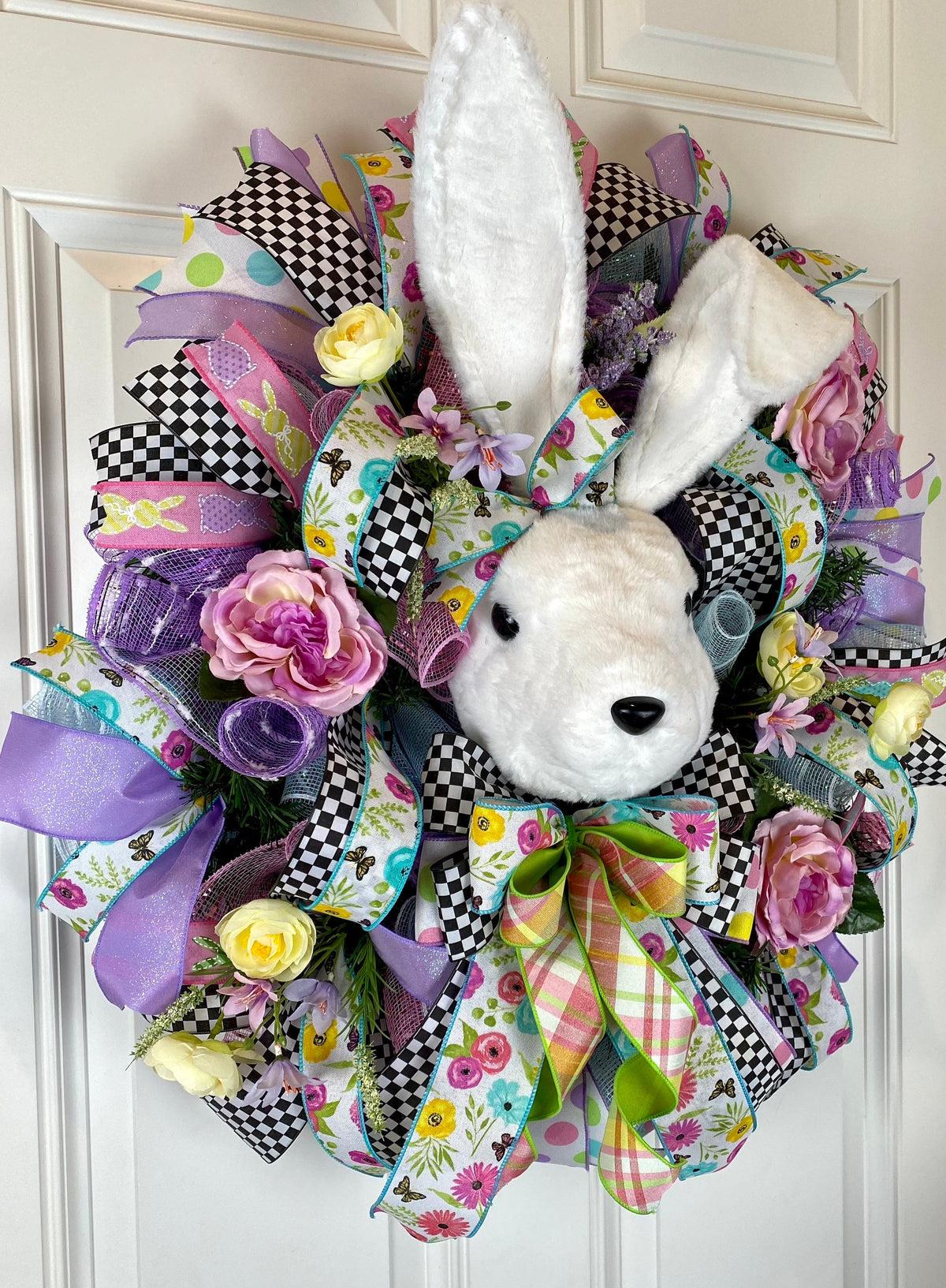 XL Bunny Wreath for front Door, Spring Wreath, Flower Patch