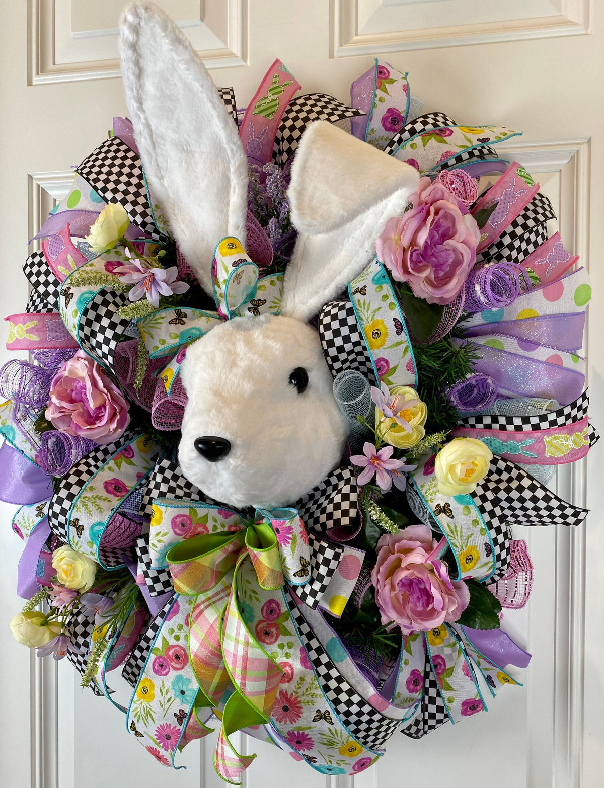 XL Bunny Wreath for front Door, Spring Wreath, Flower Patch