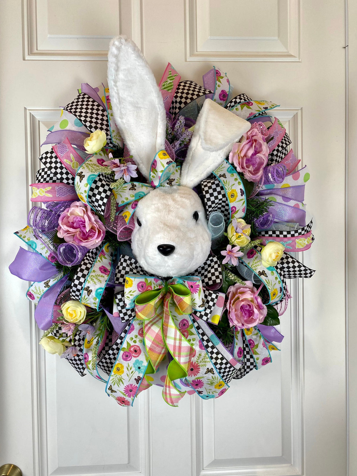 XL Bunny Wreath for front Door, Spring Wreath, Flower Patch