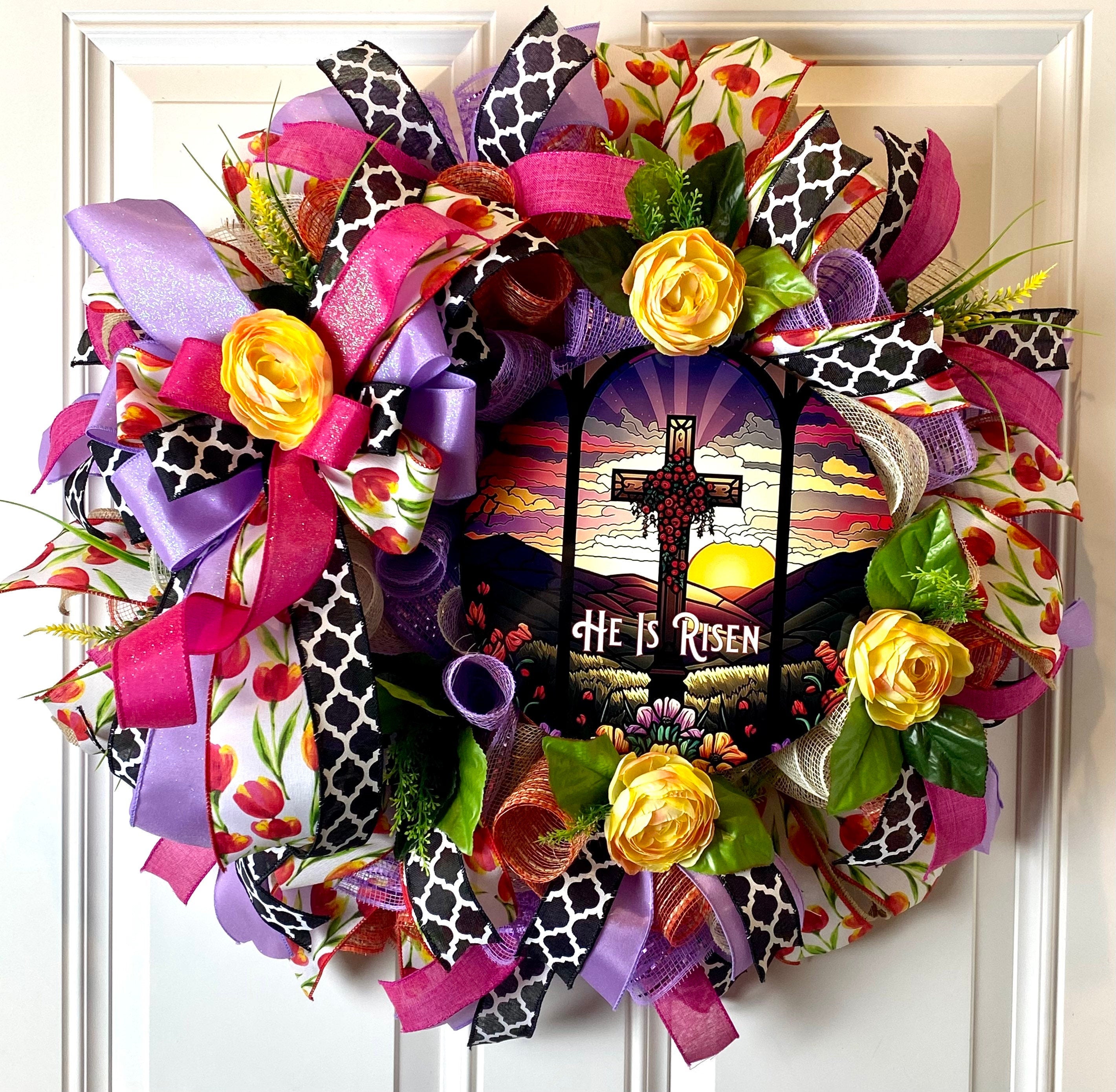 border ribbon shell wreathe ❤︎ グログラン リース He is Risen Wreath Wreath, Easter Cross Wreath – The Wreath Place