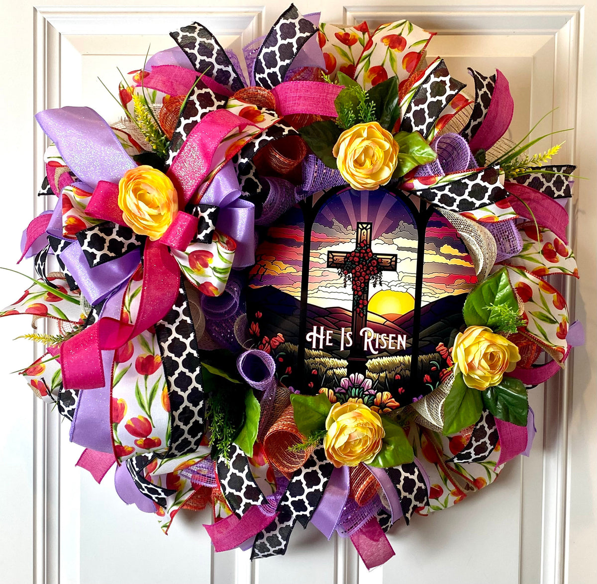 Easter Wreath, He is Risen Wreath, Spring Cross Wreath, Front Door Spring Wreath, Stained Glass