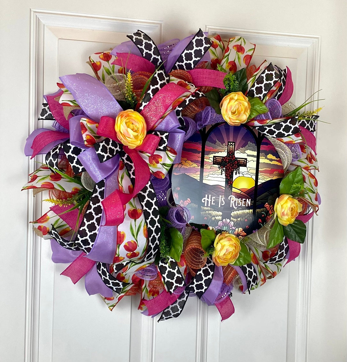 Easter Wreath, He is Risen Wreath, Spring Cross Wreath, Front Door Spring Wreath, Stained Glass