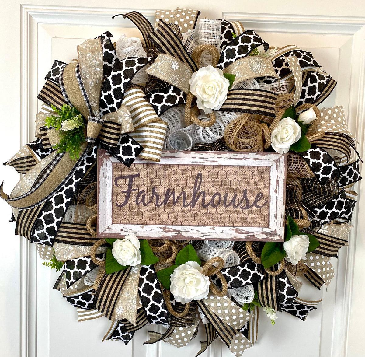 Farmhouse Welcome Wreath: Neutral Deco Mesh, White Roses
