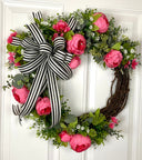 Peony Wreath: Watermelon Flowers, Black and White Bow, Front Door Decor