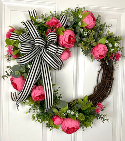 Peony Wreath: Watermelon Flowers, Black and White Bow, Front Door Decor