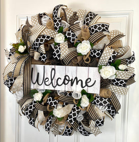 Farmhouse Welcome Wreath: Neutral Deco Mesh, White Roses