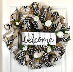 Farmhouse Welcome Wreath: Neutral Deco Mesh, White Roses