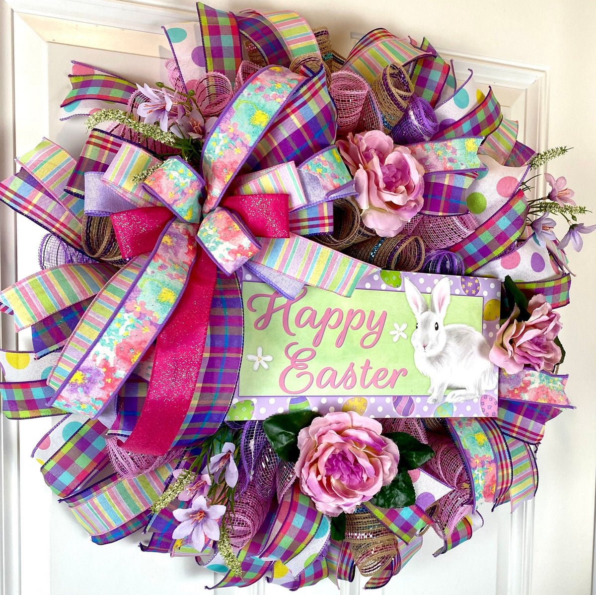 Purple Easter Wreath: Spring Tulips, "Easter Greetings" Sign