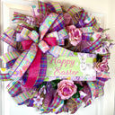 Purple Easter Wreath: Spring Tulips, "Easter Greetings" Sign