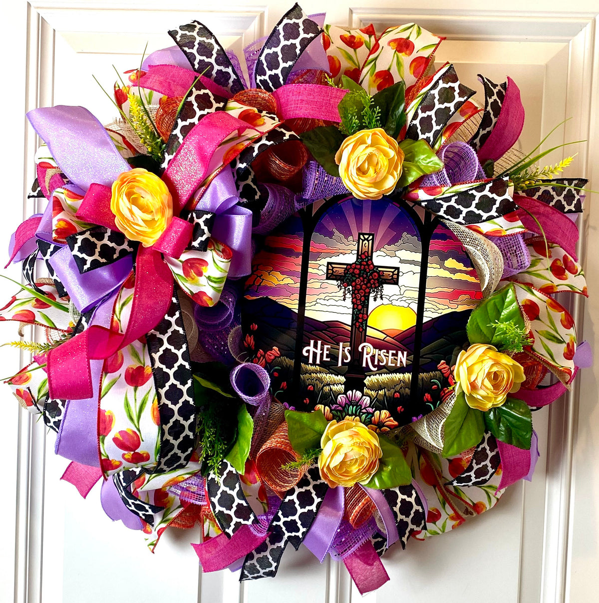 He Is Risen Easter Wreath: Stained Glass Cross, Spring Ranunculus