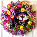 He Is Risen Easter Wreath: Stained Glass Cross, Spring Ranunculus