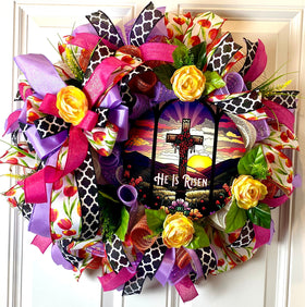 He Is Risen Easter Wreath: Stained Glass Cross, Spring Ranunculus