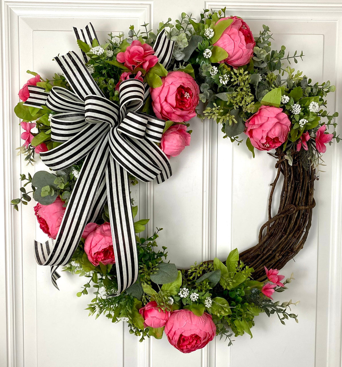 Peony Wreath: Watermelon Flowers, Black and White Bow, Front Door Decor