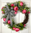 Peony Wreath: Watermelon Flowers, Black and White Bow, Front Door Decor