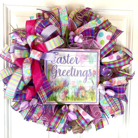 Purple Easter Wreath: Spring Tulips, "Easter Greetings" Sign