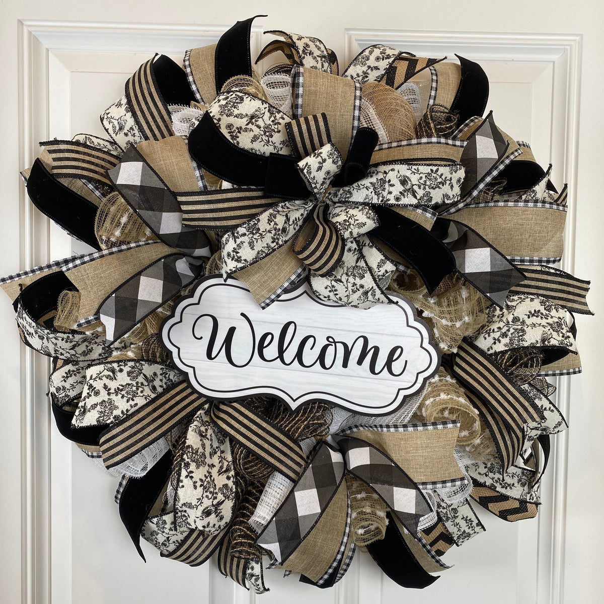 Farmhouse Welcome Wreath: Neutral Deco Mesh, Toile & Velvet Ribbons
