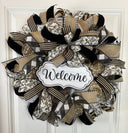 Farmhouse Welcome Wreath: Neutral Deco Mesh, Toile & Velvet Ribbons