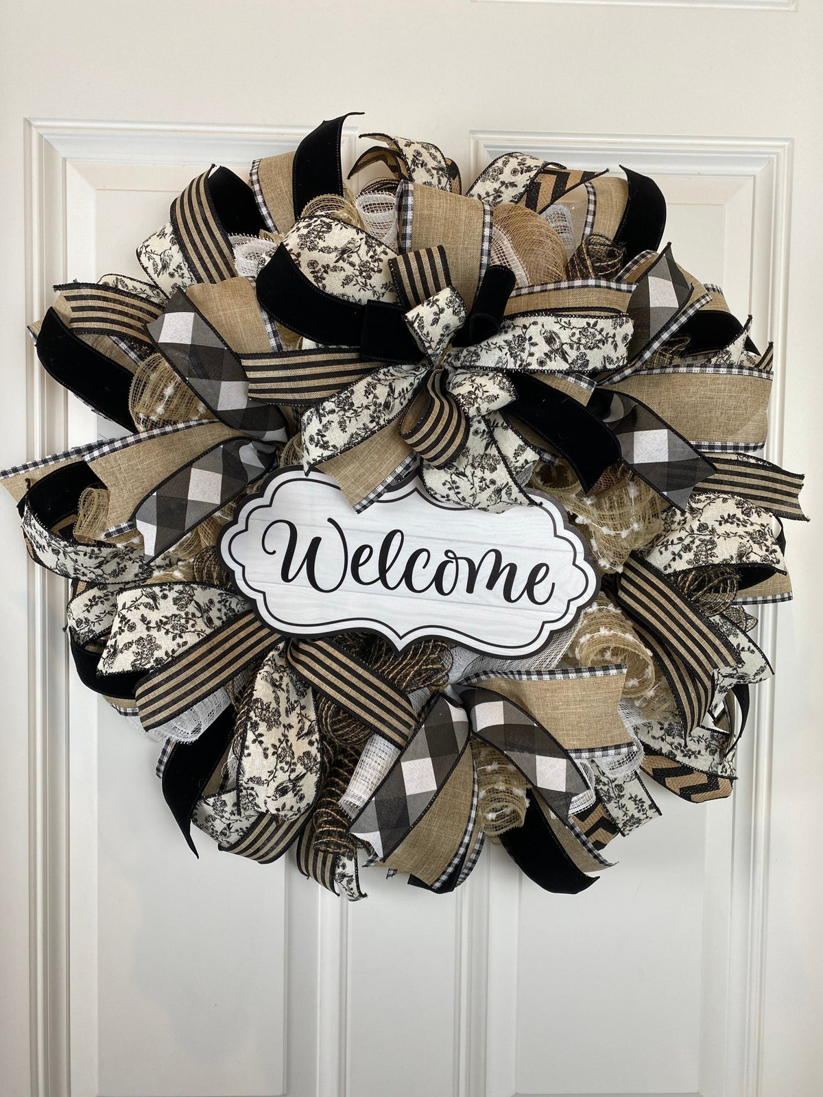 Farmhouse Welcome Wreath: Neutral Deco Mesh, Toile & Velvet Ribbons