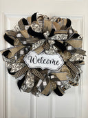 Farmhouse Welcome Wreath: Neutral Deco Mesh, Toile & Velvet Ribbons