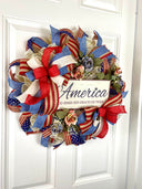 Patriotic Wreath, Rustic Country Flag Wreath, Fourth of July Wreath, Deluxe Flag Wreath, Red Cream and Blue Wreath, summer wreath