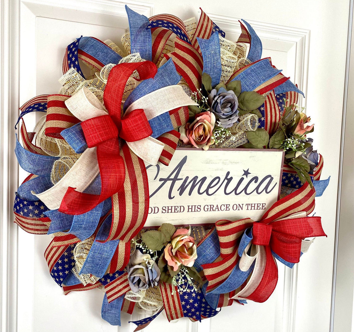 Patriotic Wreath, Rustic Country Flag Wreath, Fourth of July Wreath, Deluxe Flag Wreath, Red Cream and Blue Wreath, summer wreath