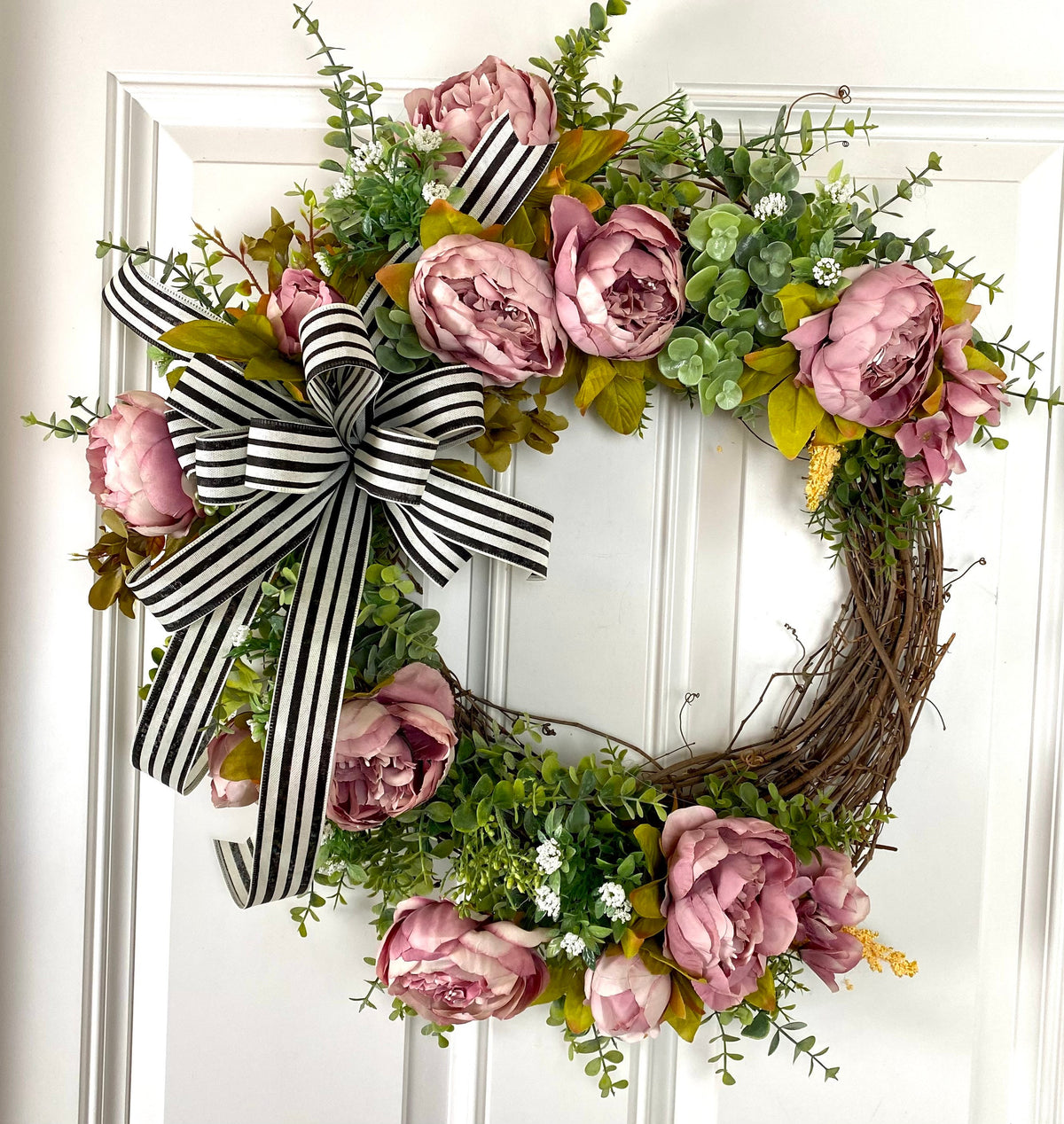 Pink Peony Wreath: French Country Door Decor with Striped Bow