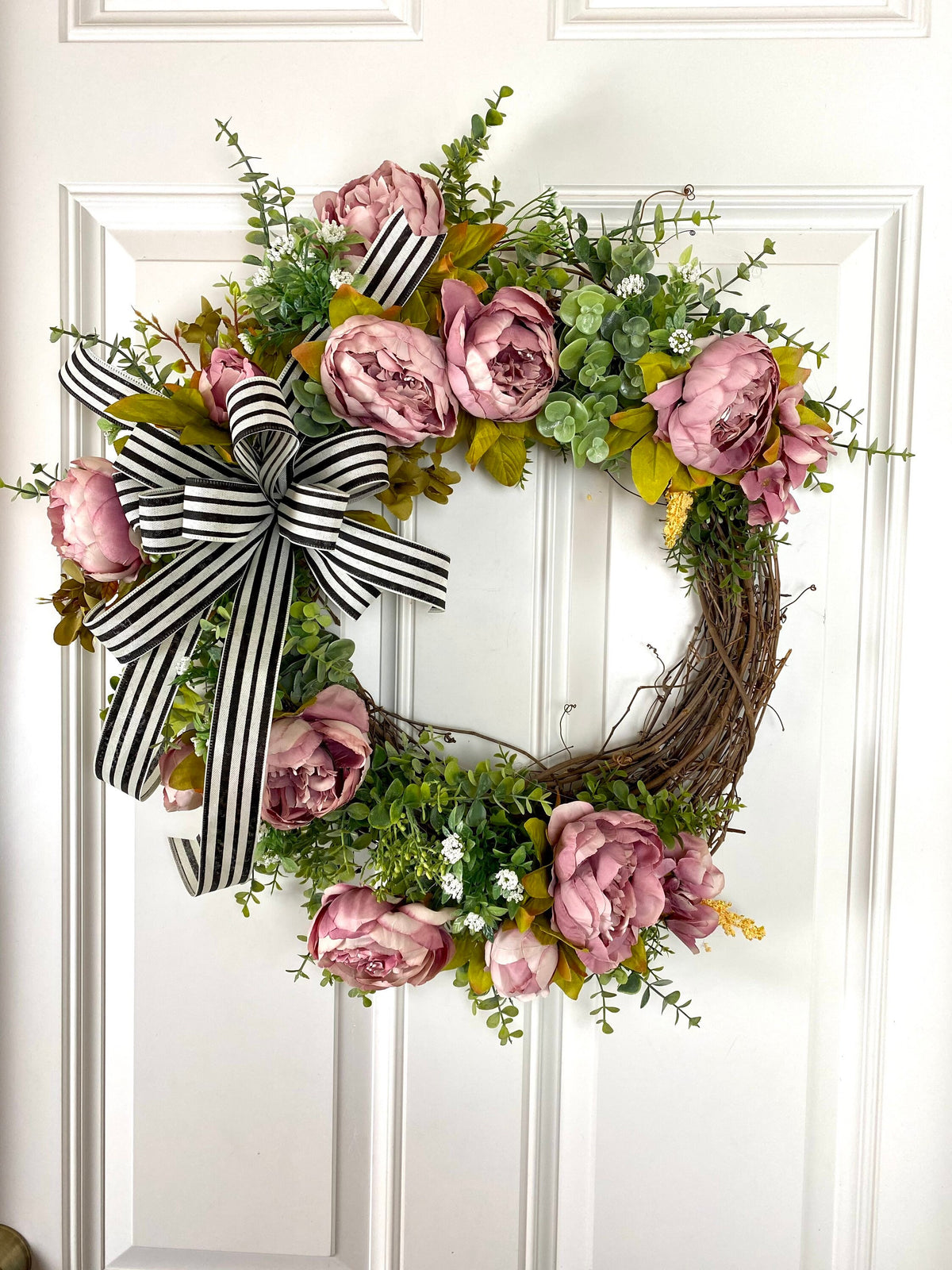 Pink Peony Wreath: French Country Door Decor with Striped Bow