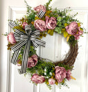 Pink Peony Wreath: French Country Door Decor with Striped Bow
