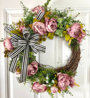 Pink Peony Wreath: French Country Door Decor with Striped Bow