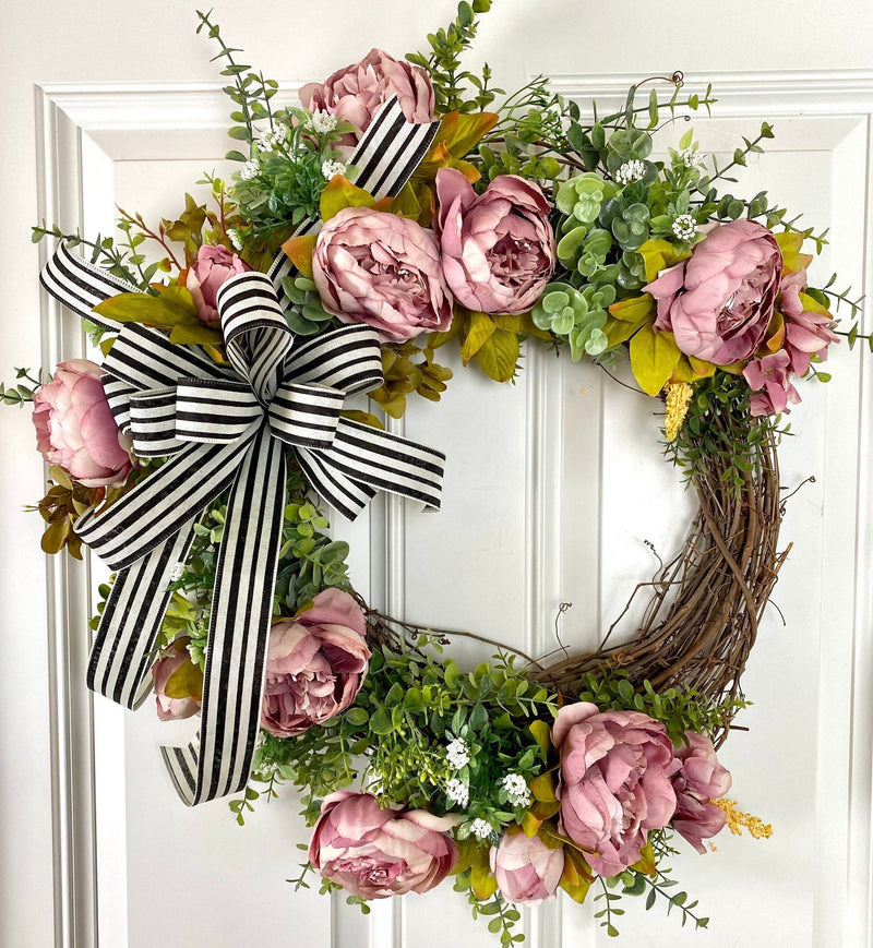 Pink Peony Wreath: French Country Door Decor with Striped Bow