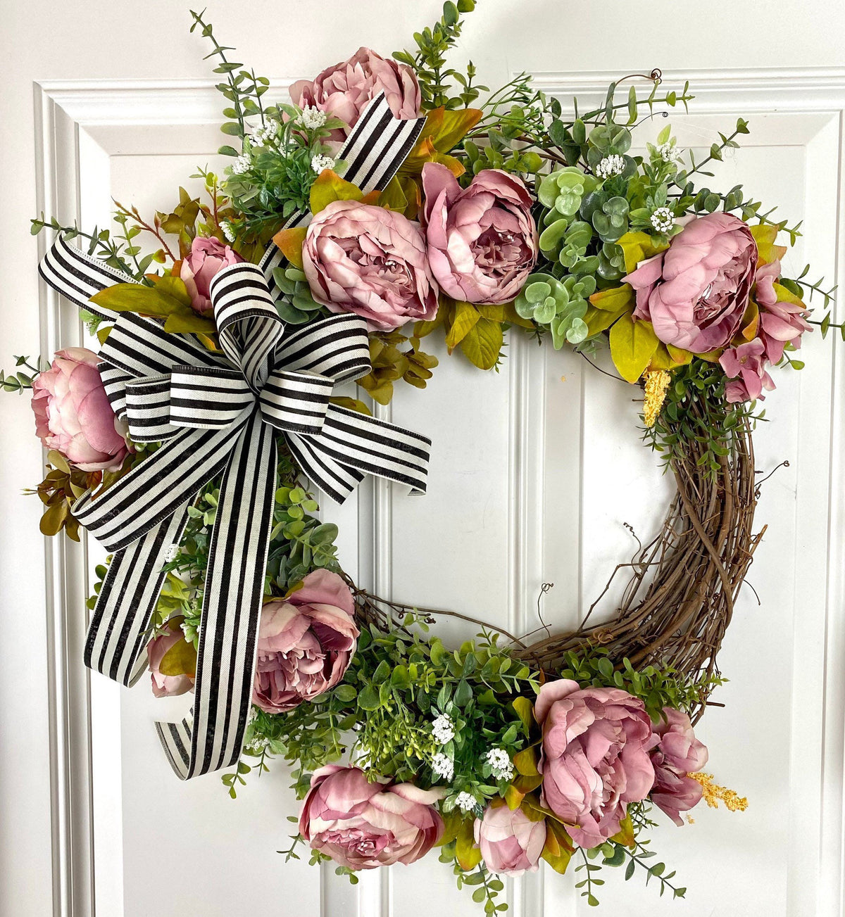 Pink Peony Wreath: French Country Door Decor with Striped Bow