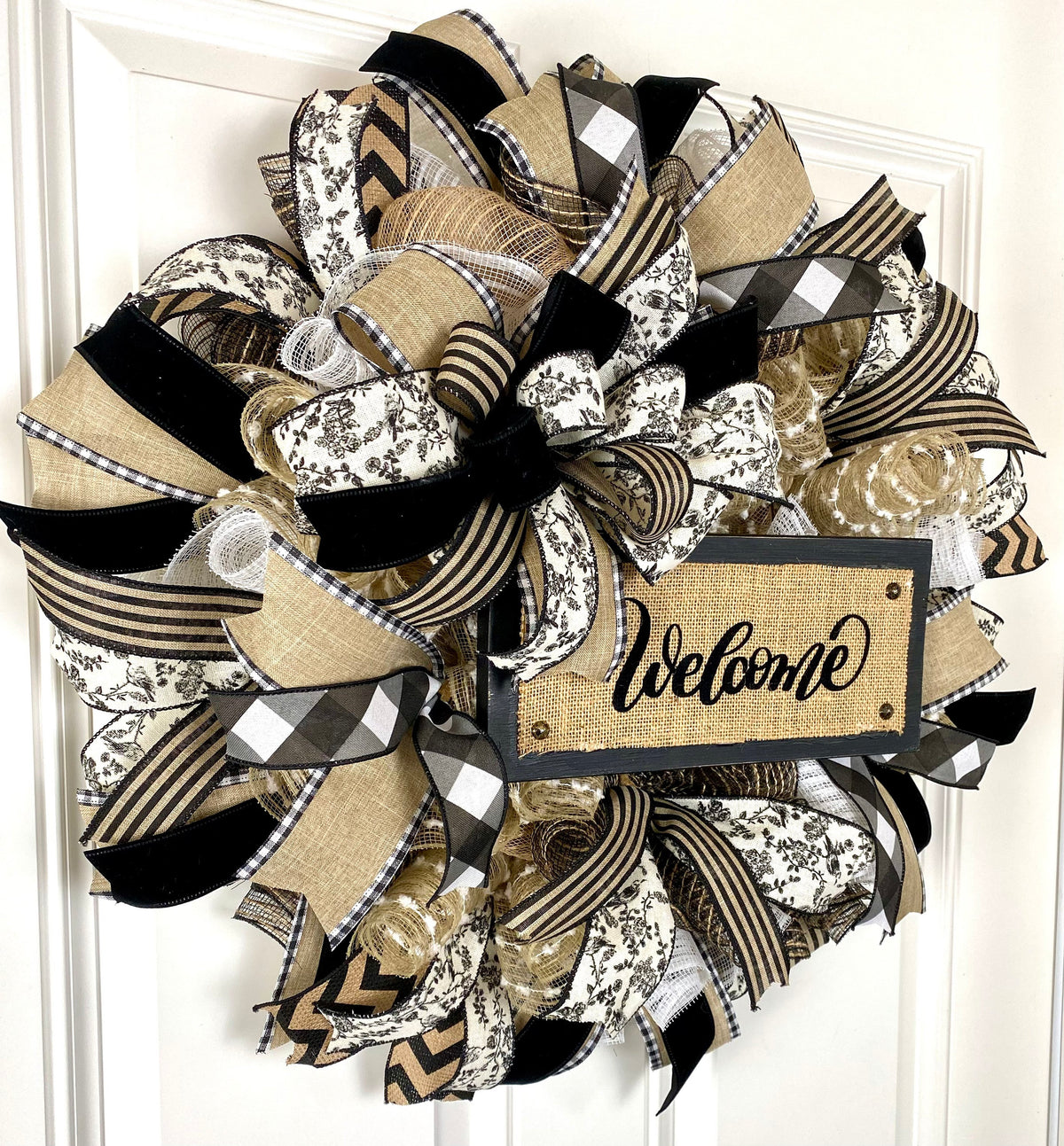 Farmhouse Welcome Wreath: Neutral Deco Mesh, Custom Sign