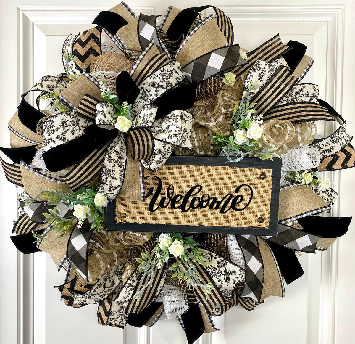 Farmhouse Welcome Wreath: Neutral Deco Mesh, Custom Sign