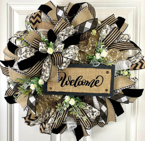 Farmhouse Welcome Wreath: Neutral Deco Mesh, Custom Sign