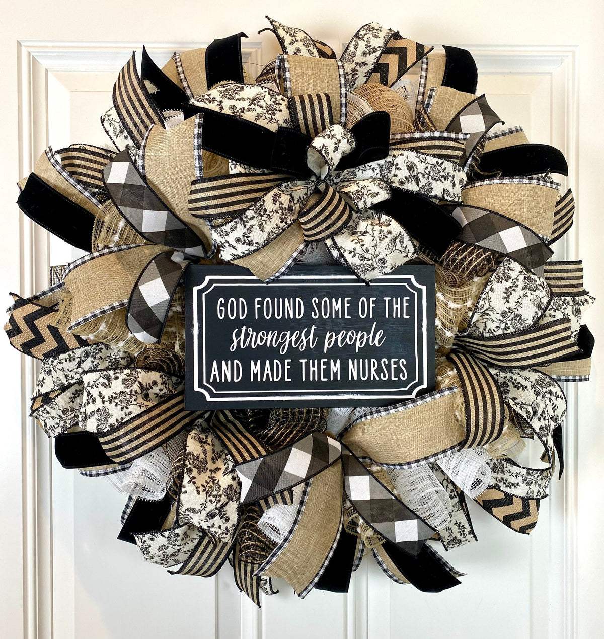 Farmhouse Welcome Wreath: Neutral Deco Mesh, Custom Sign