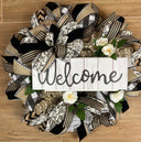 Farmhouse Welcome Wreath: Neutral Deco Mesh, Custom Sign