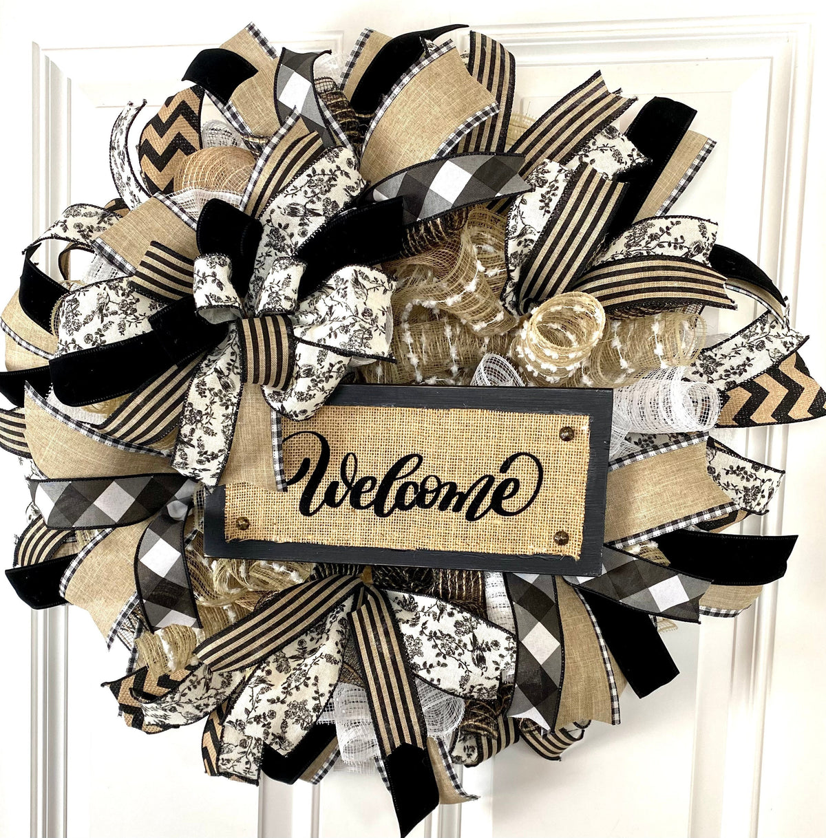 Farmhouse Welcome Wreath: Neutral Deco Mesh, Custom Sign