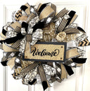 Farmhouse Welcome Wreath: Neutral Deco Mesh, Custom Sign