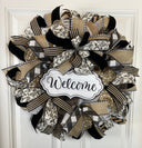 Farmhouse Welcome Wreath: Neutral Deco Mesh, Toile & Velvet Ribbons